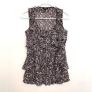 EXPRESS Black Purple Floral Mesh Tiered Ruffle Sleeveless Y2K Tank Blouse Top S